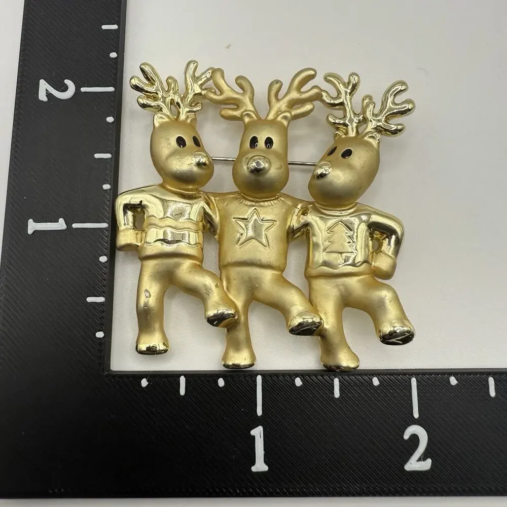 Vintage Holiday Brooch Pin Lot‎ Gold Tone Acrylic Dancing Reindeer Poinsettia
